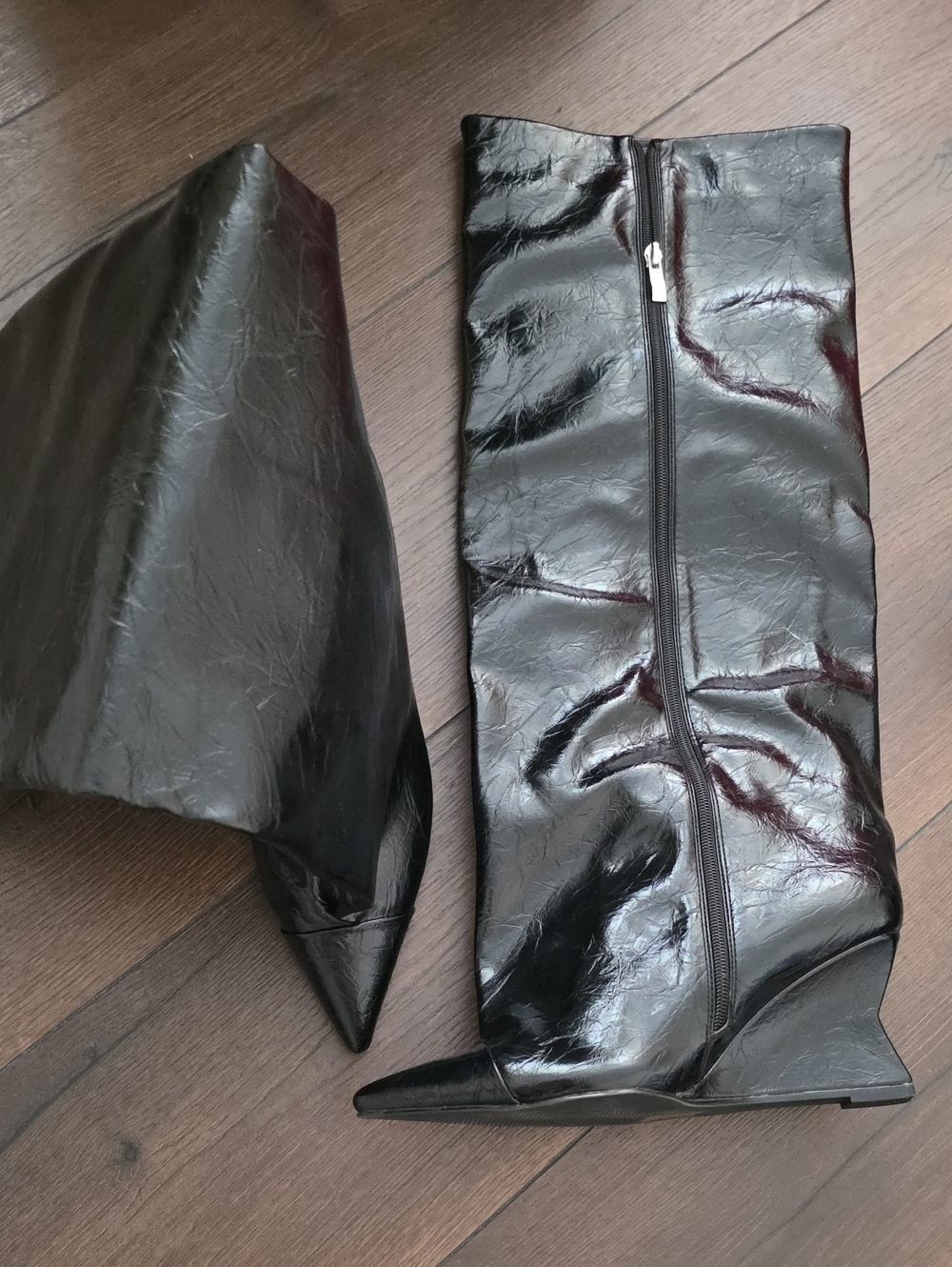 AKIRA Blackโ Patent Pointed-Toe Wedge Knee Boots